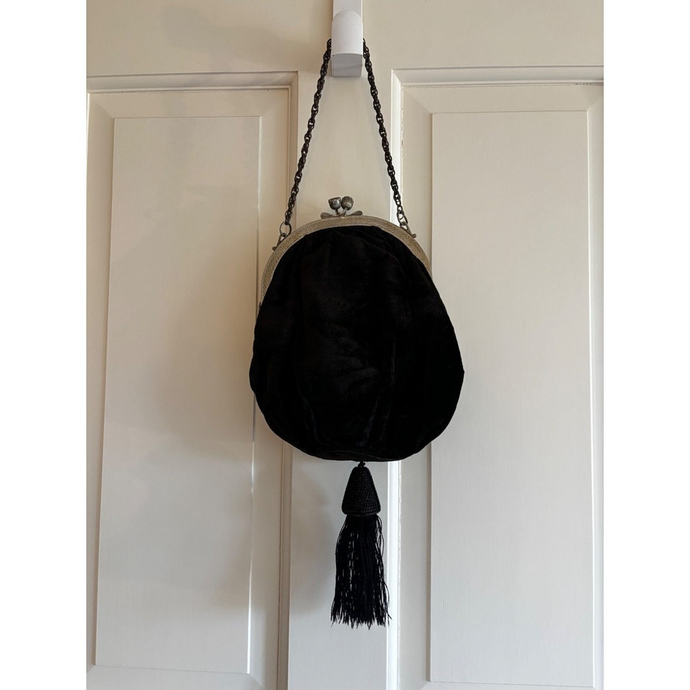 Antique Brownish Black Velvet Tassel Evening Bag Art Deco Kiss Lock Silk Lining